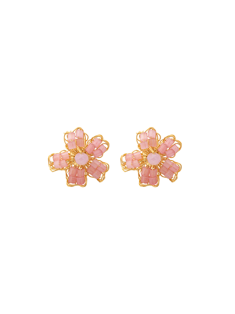 Par Arete Mini Flor Rosa Con Dorado
