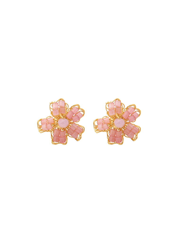 Par Arete Mini Flor Rosa Con Dorado