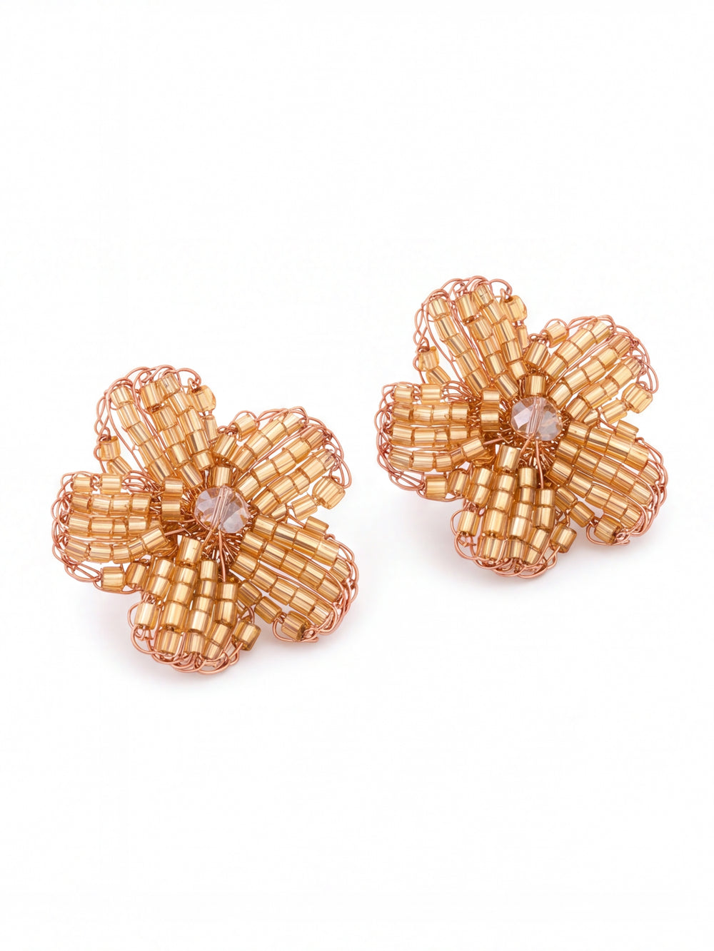 Par Arete Flor Cinco Petalos Dorado Con Rosa