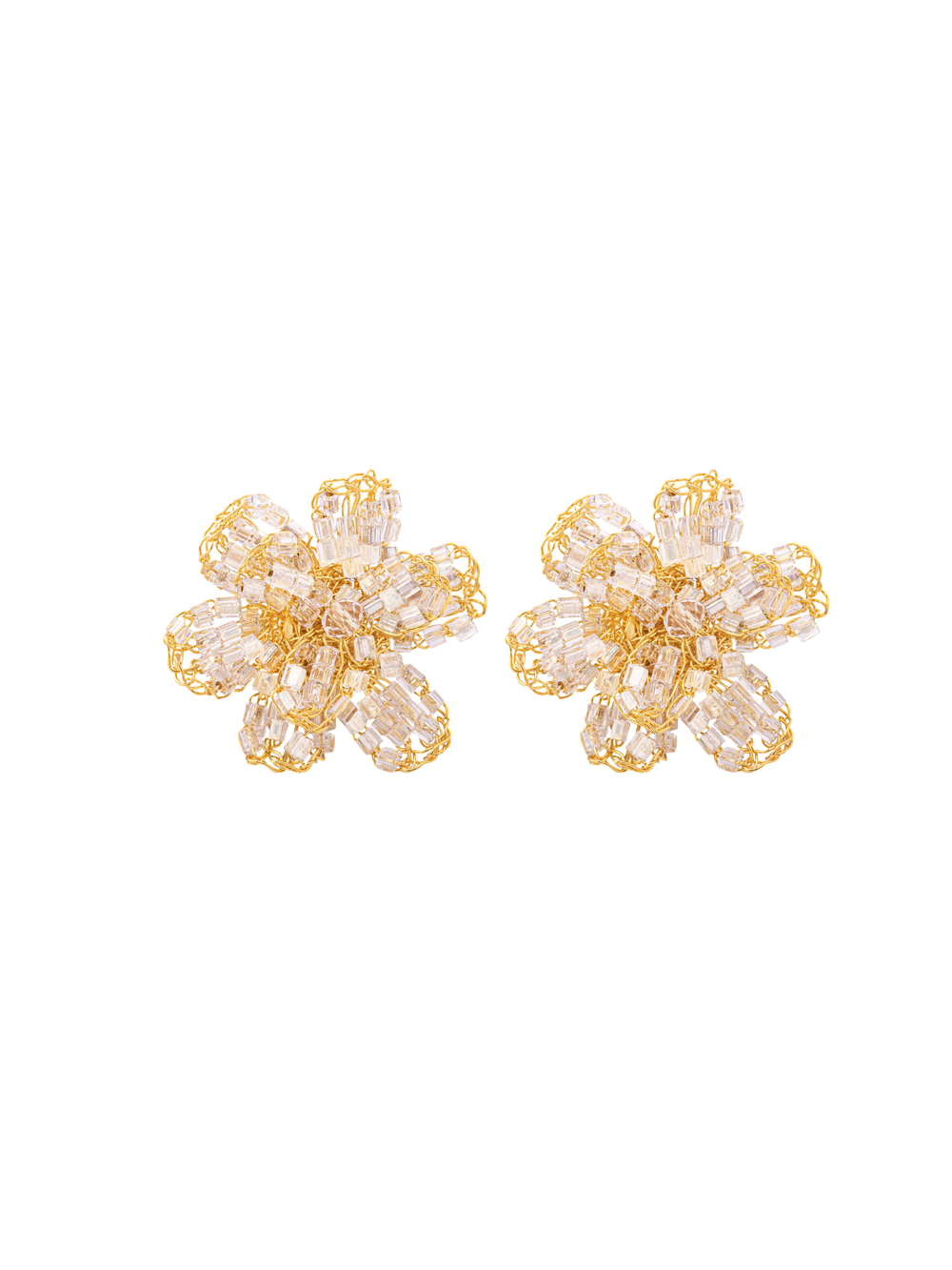 Par Arete Flor Dorada Con Piedras Transparentes