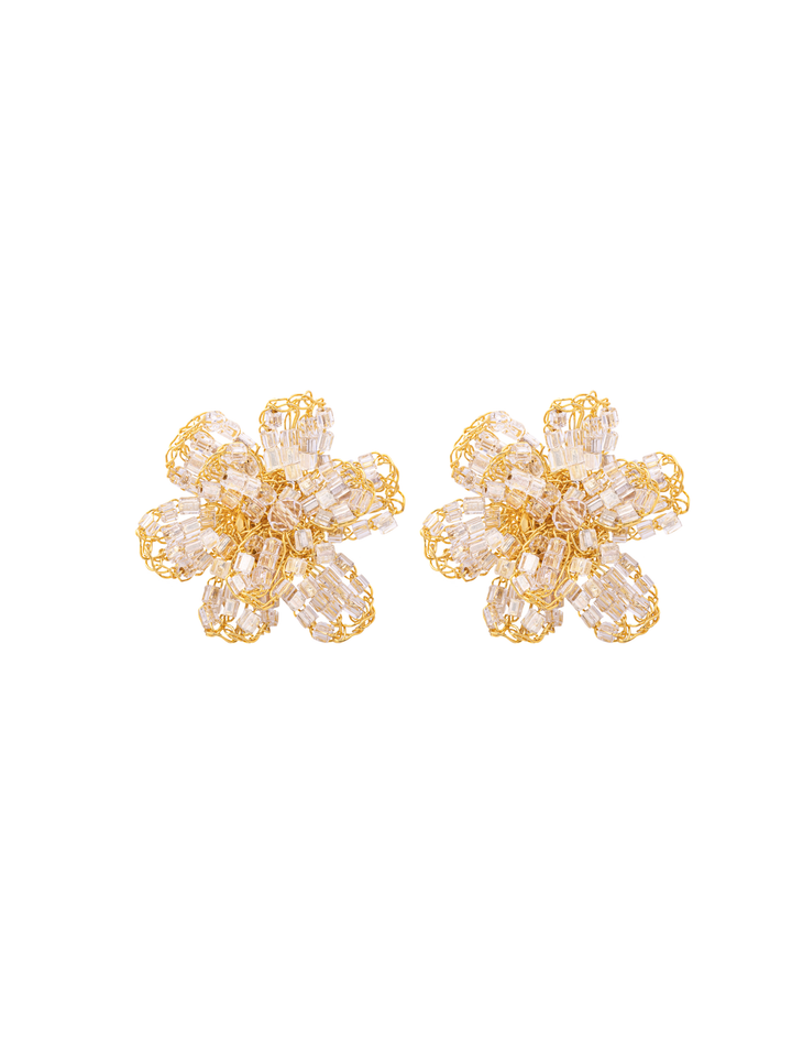 Par Arete Flor Dorada Con Piedras Transparentes