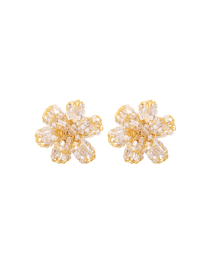 Par Arete Flor Dorada Con Piedras Transparentes