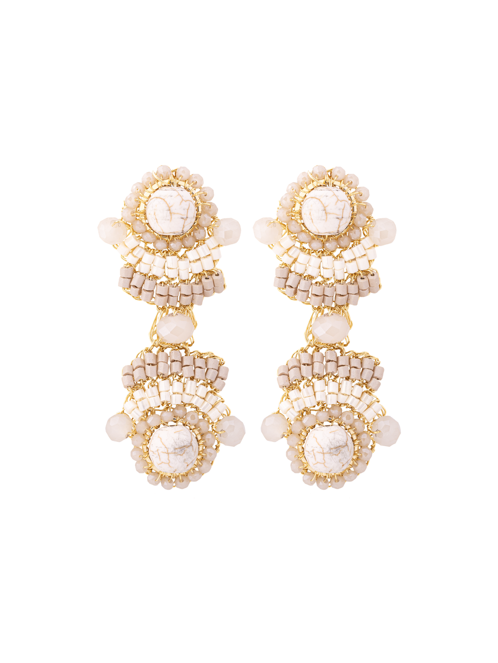 Par Arete Largo Doble Con Piedras Beige
