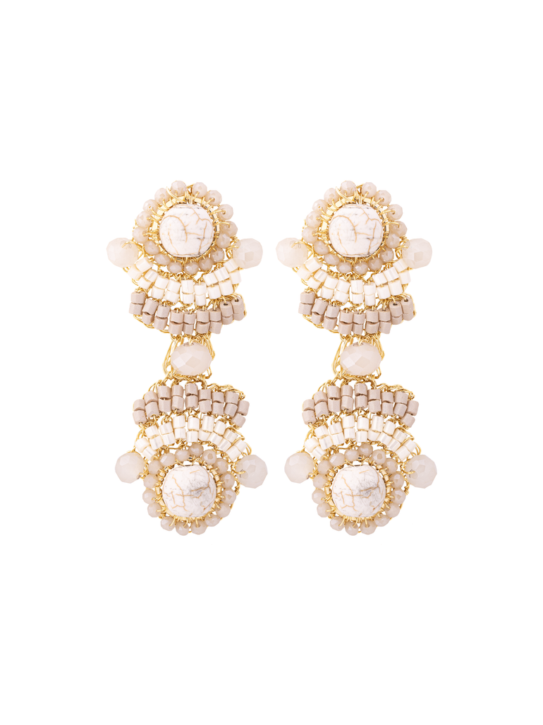 Par Arete Largo Doble Con Piedras Beige