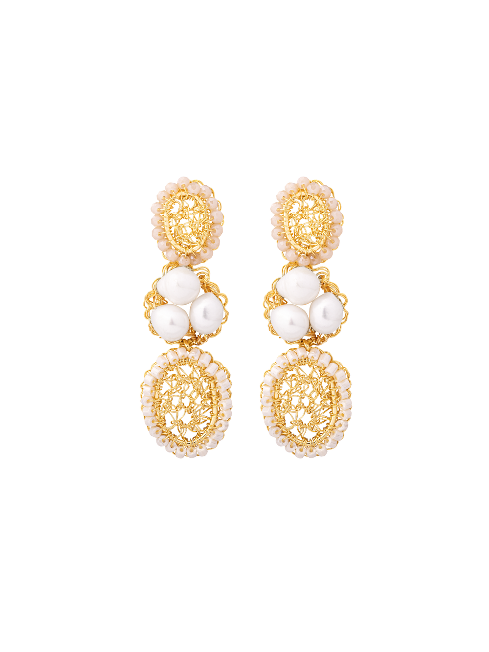 Par Arete Doble Ovalo Tejido Con Tres Perlas