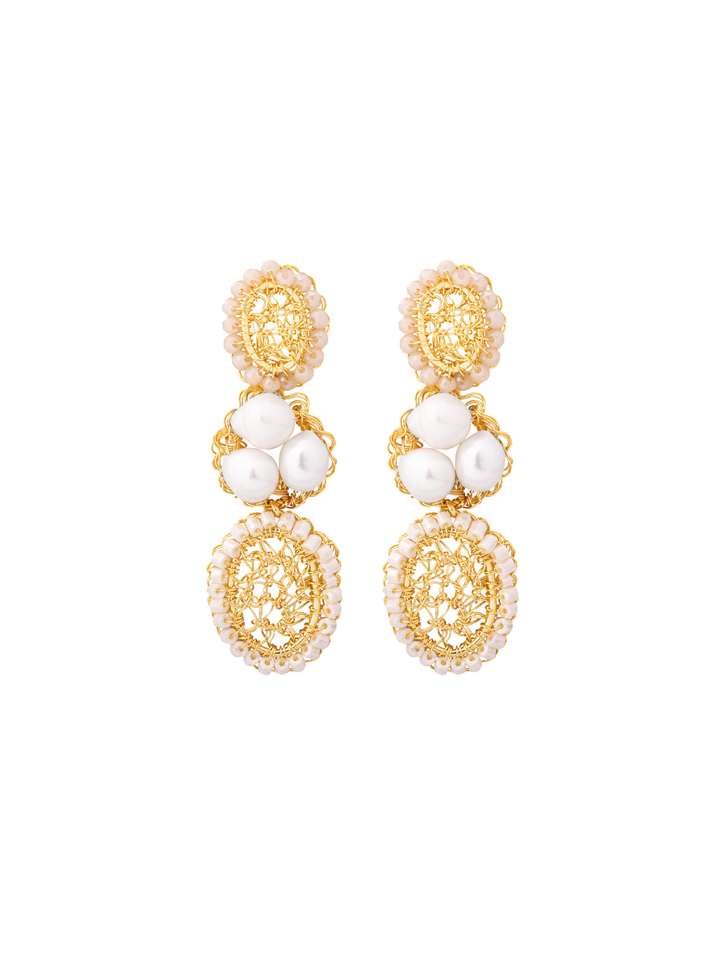 Par Arete Doble Ovalo Tejido Con Tres Perlas