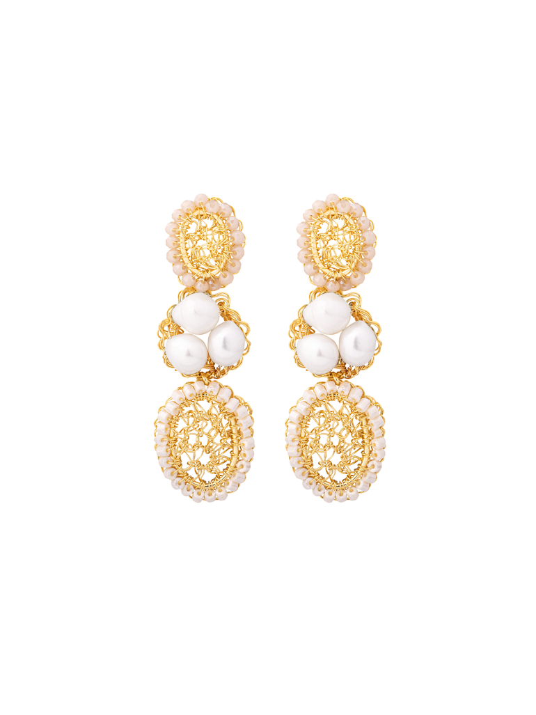Par Arete Doble Ovalo Tejido Con Tres Perlas