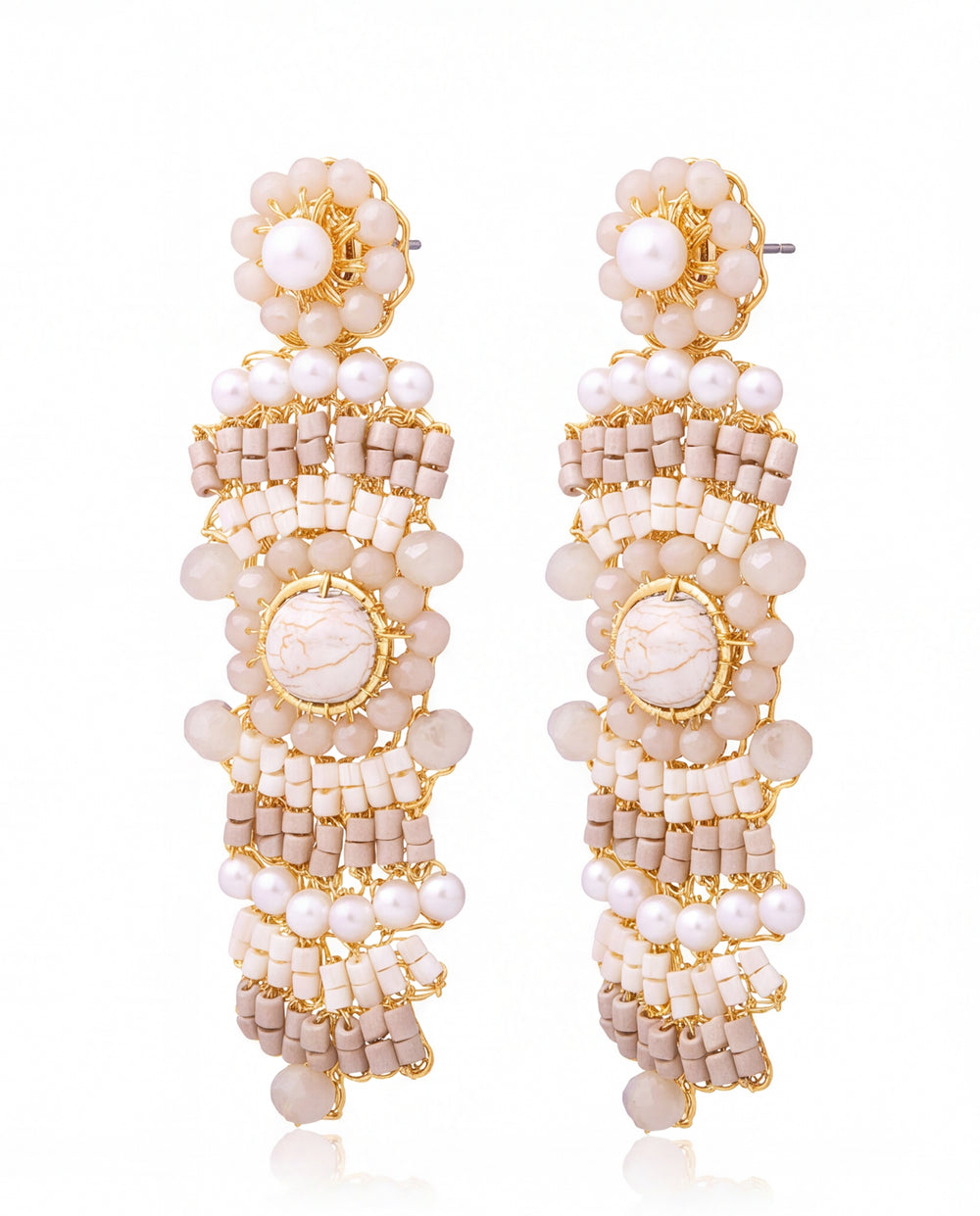 Par Arete Largo Flor Con Piedras Beige