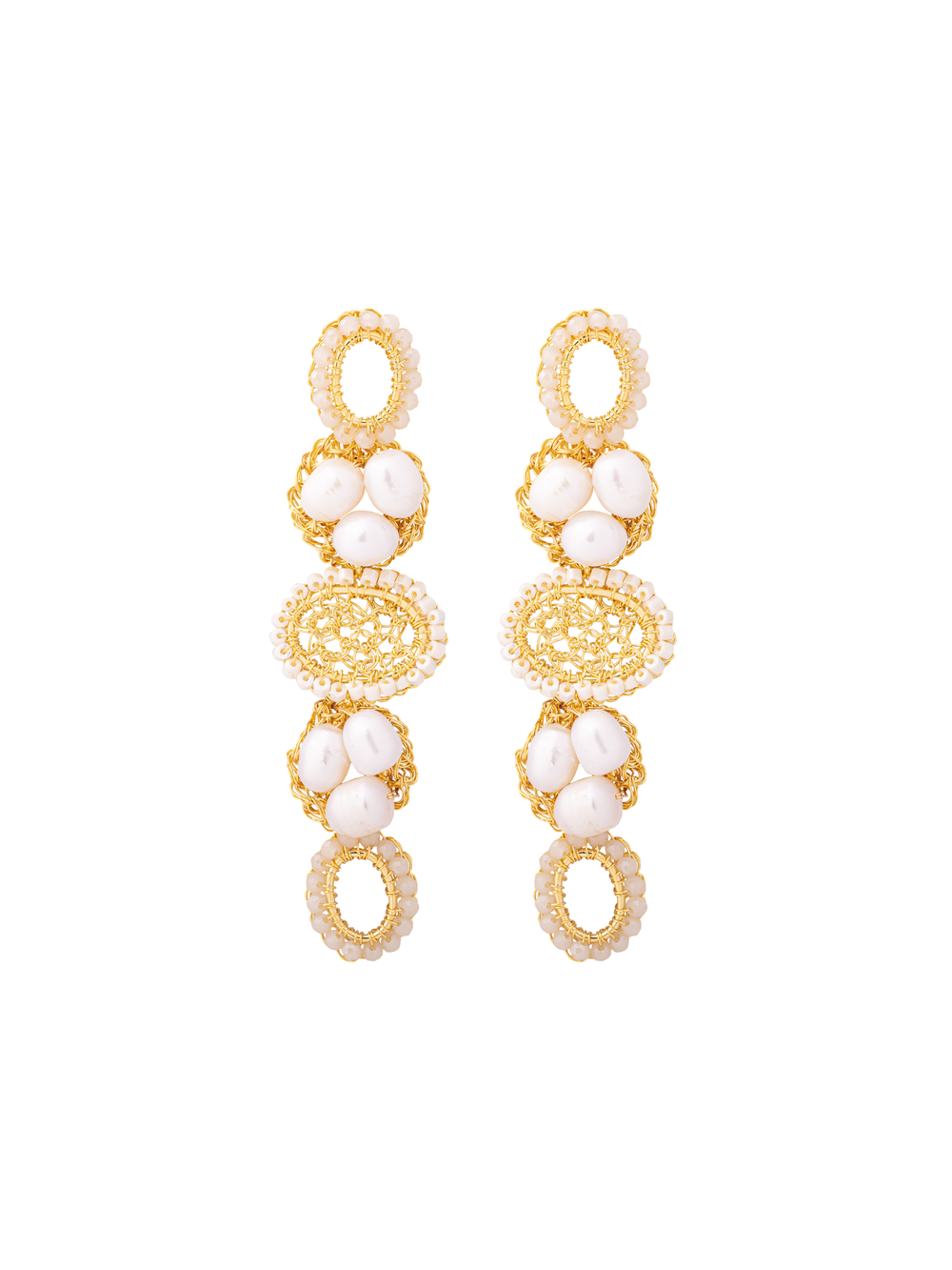 Par Arete Triple Ovalo Tejido Con Perlas