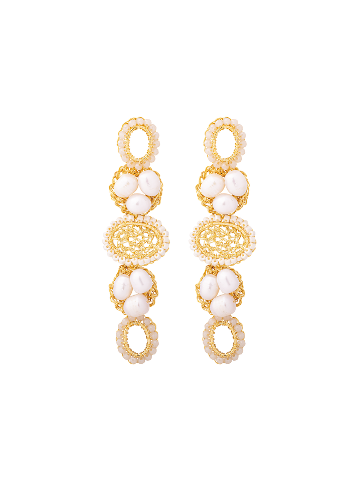 Par Arete Triple Ovalo Tejido Con Perlas