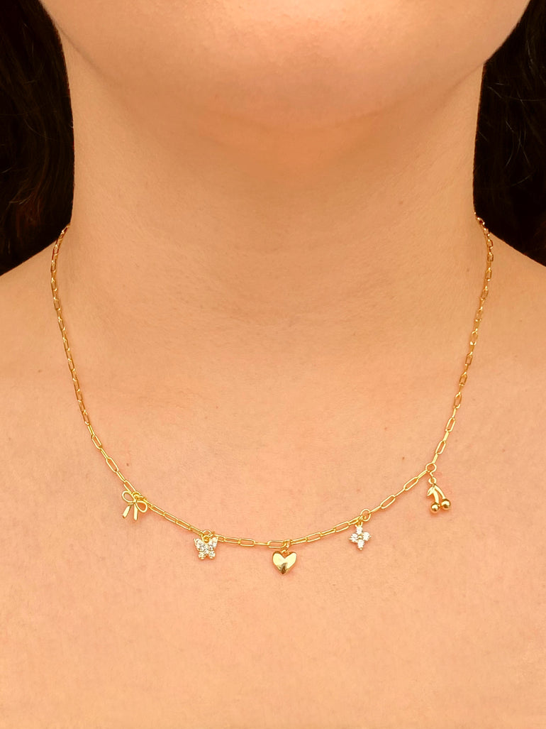Collar Con Dije Moño, Cereza, Corazon y Mariposa