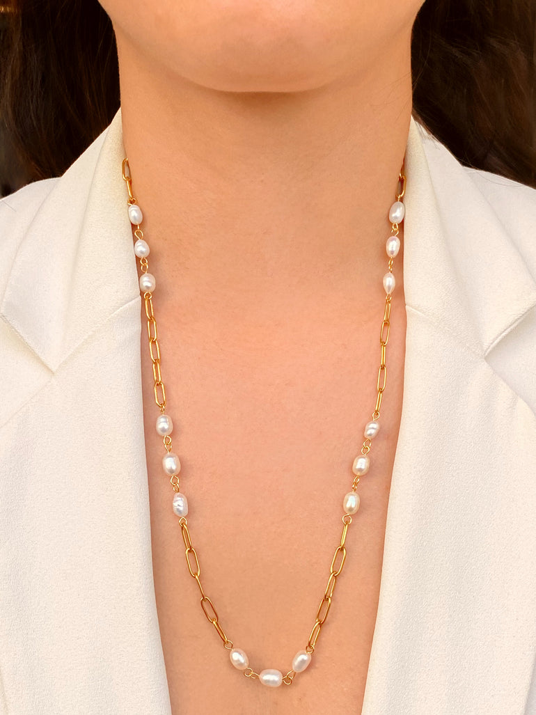 Collar Largo Eslabon Con Perlas