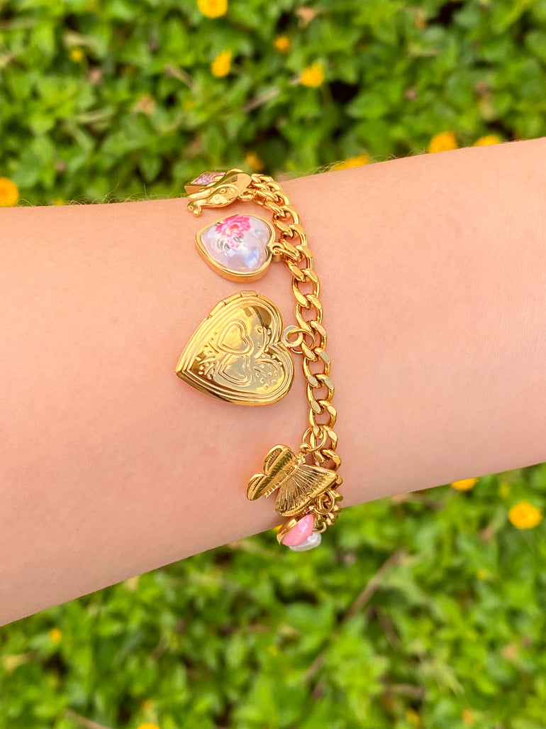 Pulsera Relicario Corazon Con Mariposa y Elefante