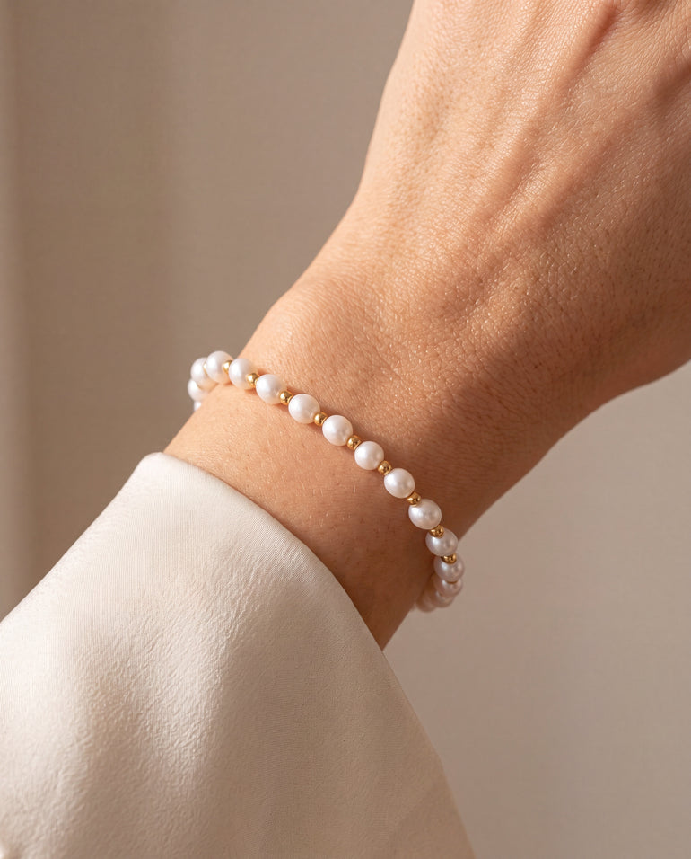 Pulsera Perlas Y Bolitas Doradas