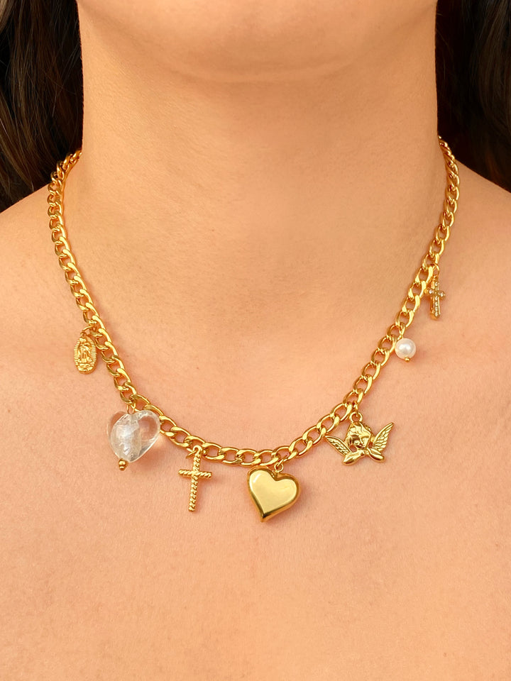 Collar Con Dije Corazon, Cruz y Angel