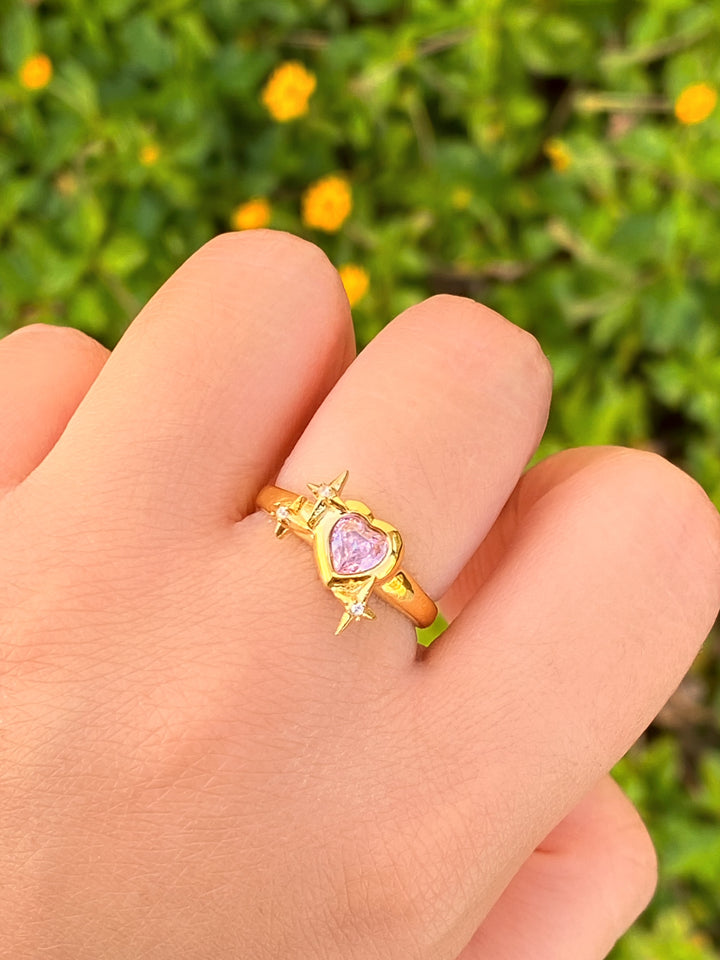 Anillo Corazon Rosa Con Destellos