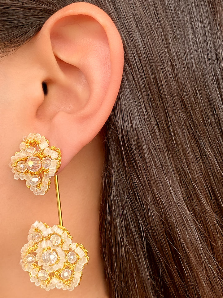 Par Arete Doble Flor Dorada 2 en 1
