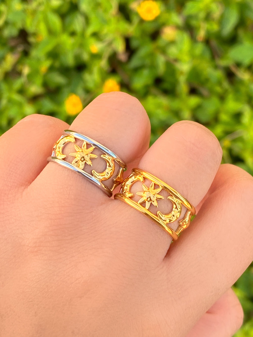 Anillo Doble Linea Estrella, Sol y Luna