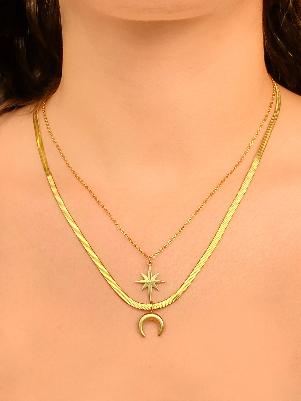 Collar Doble Planchado Con Dije Luna Sol Y Luna