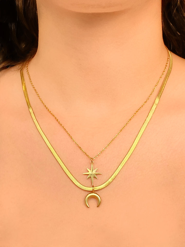 Collar Doble Planchado Con Dije Luna Sol Y Luna