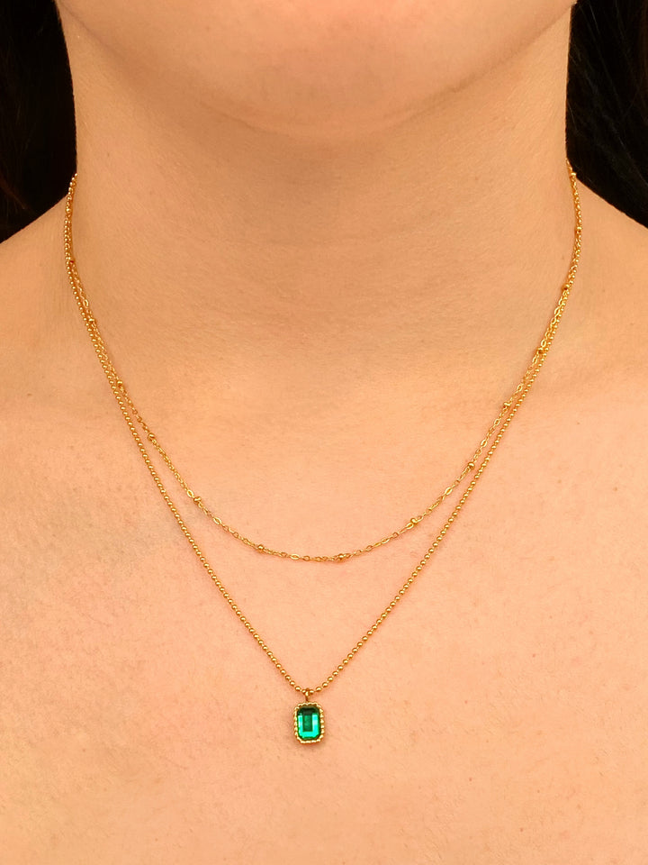 Collar Doble Bolitas Con Dije Rectangular