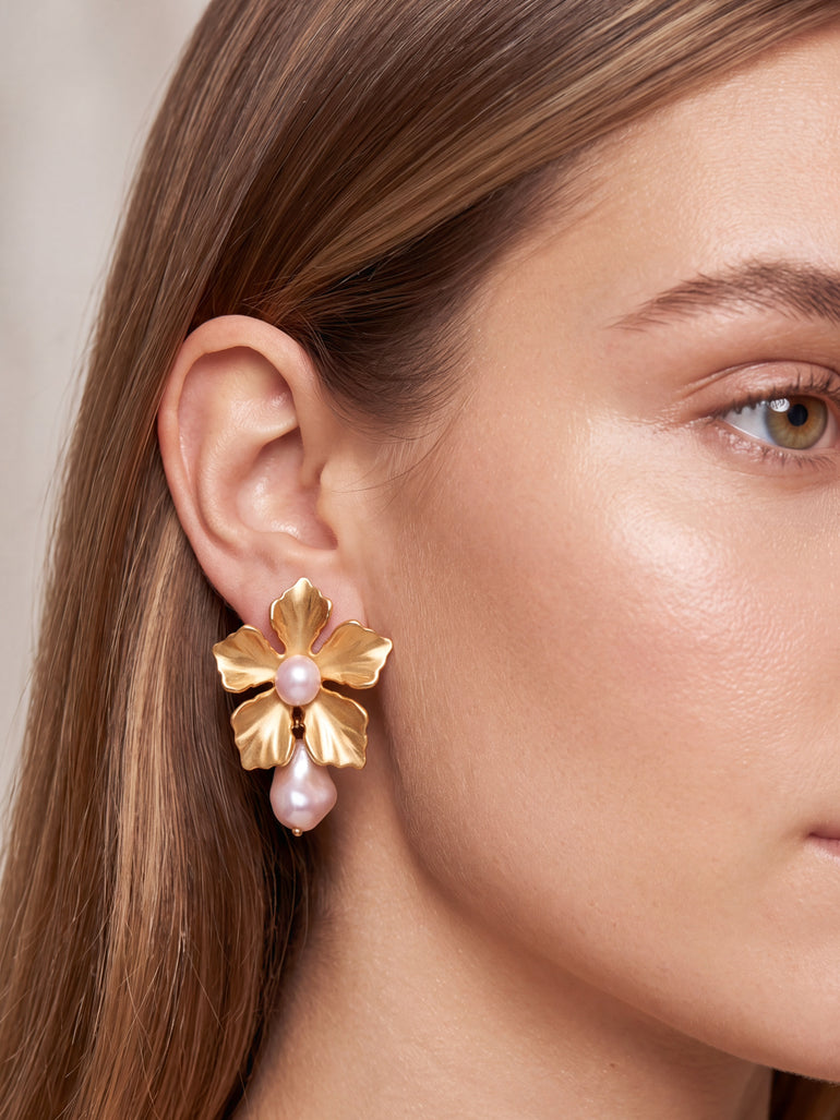 Par Arete Flor Con Perla Colgante