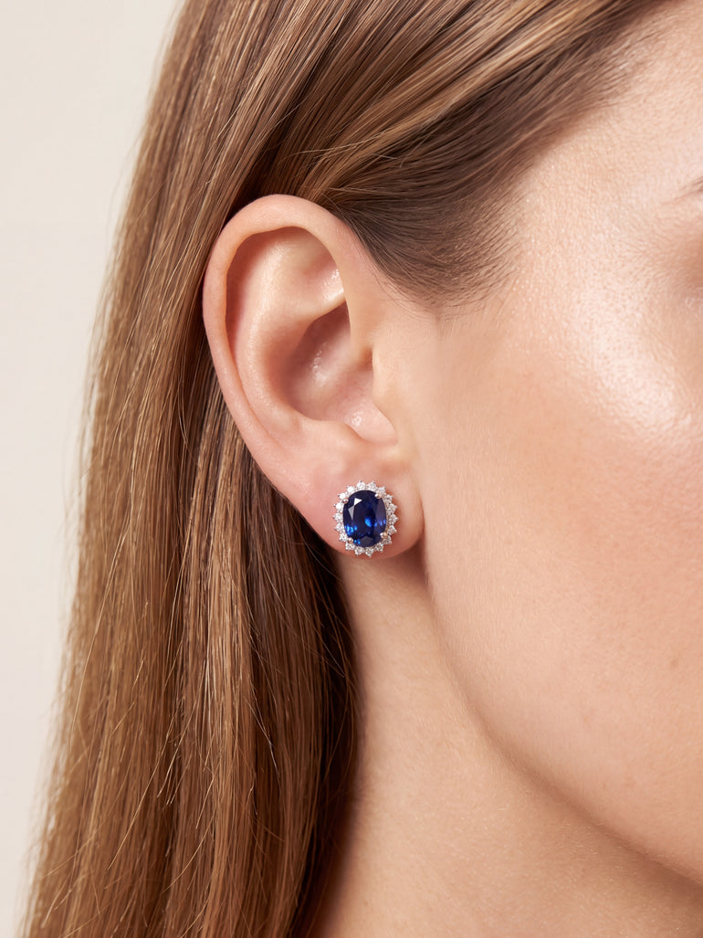 Par Arete Zafiro Corte Ovalo Con Halo De Diamantes 5 CTTW