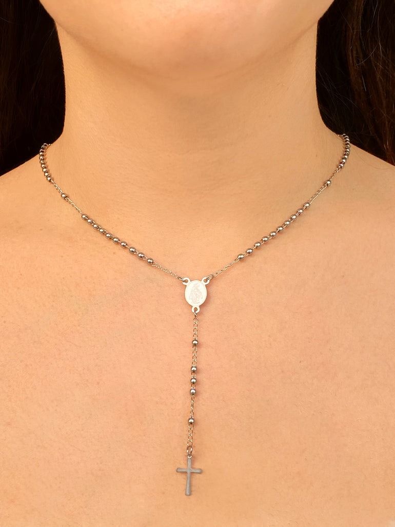 Collar Plateado Bolitas Con Cruz