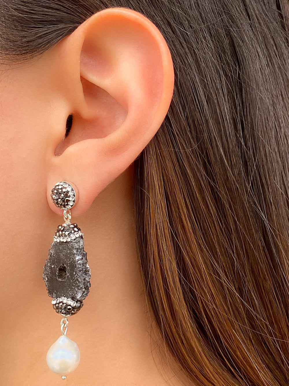 Par Arete Hydro Cuarzo Con Perla Barroca