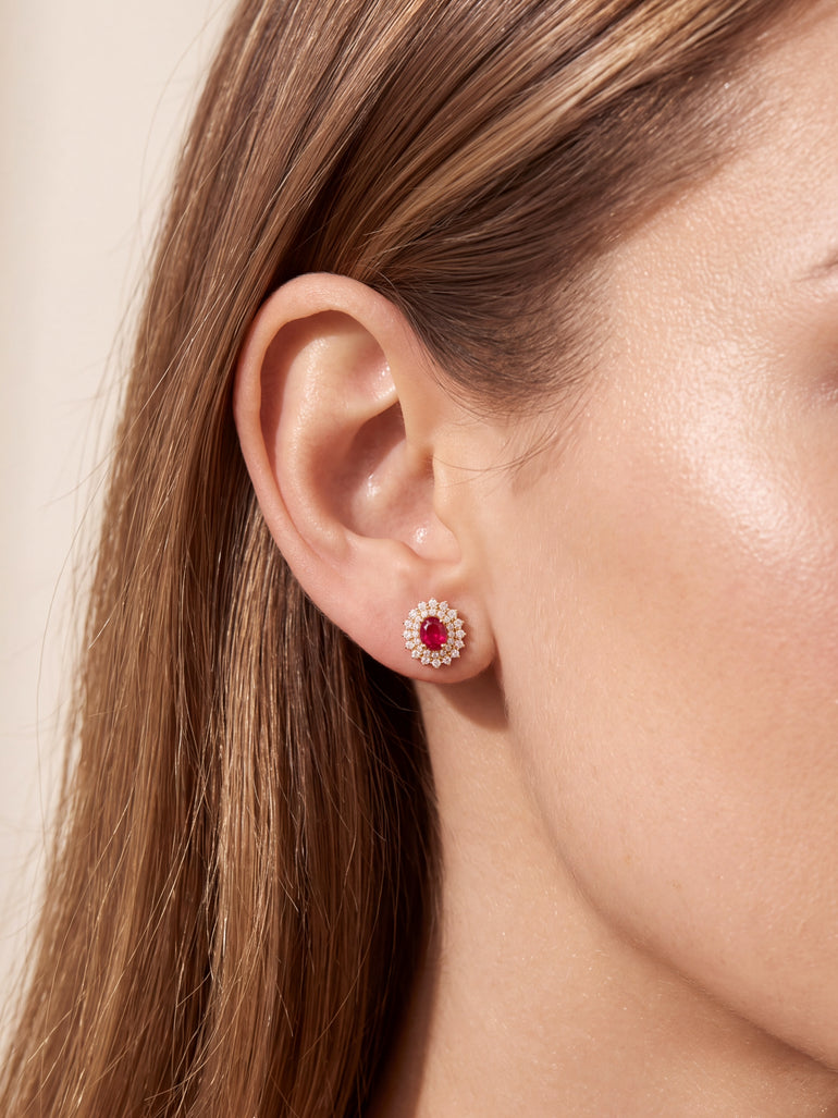 Par Arete Rubí Corte Oval Con Doble Halo De Diamantes 1.6 CTTW
