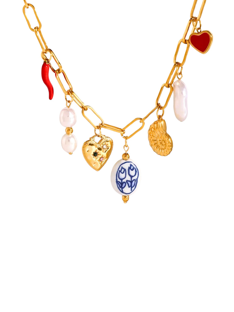 Collar Eslabones Con Dijes Corazon, Perlas y Flores Azules