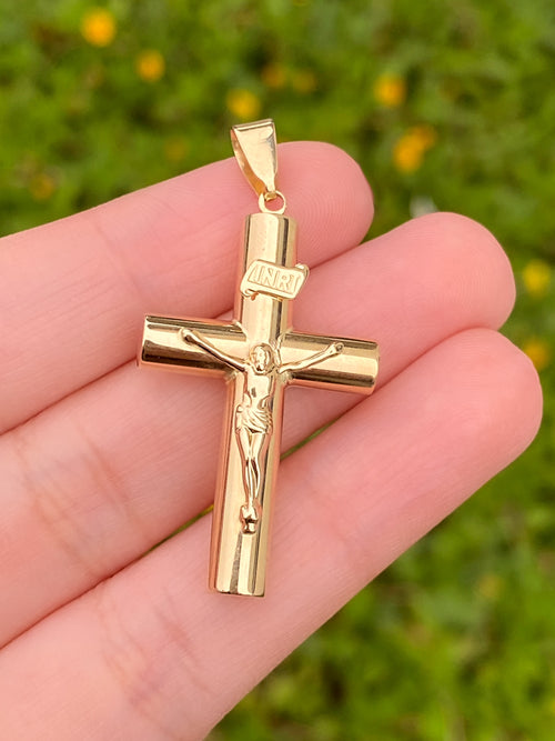 Dije Cruz Tubo Con Cristo Oro 14k