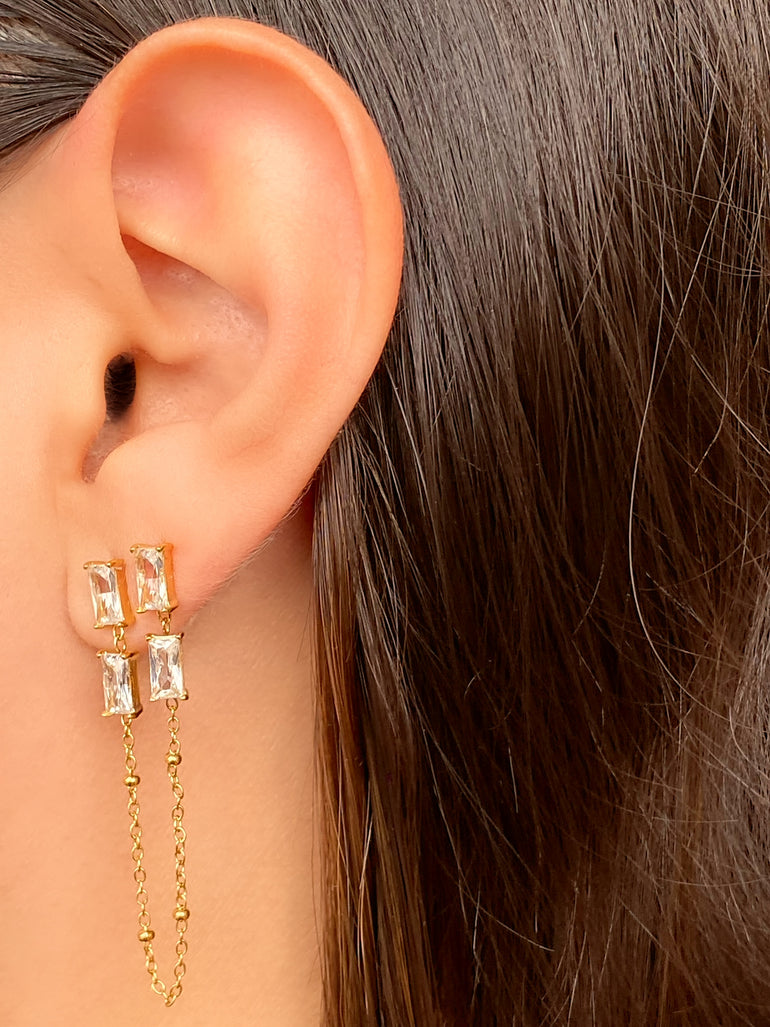 Arete Zirconias Baguettes Con Cadena Bolitas