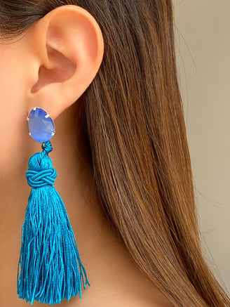 Par Arete Mini Ojo de Gato Con Colgante Celeste