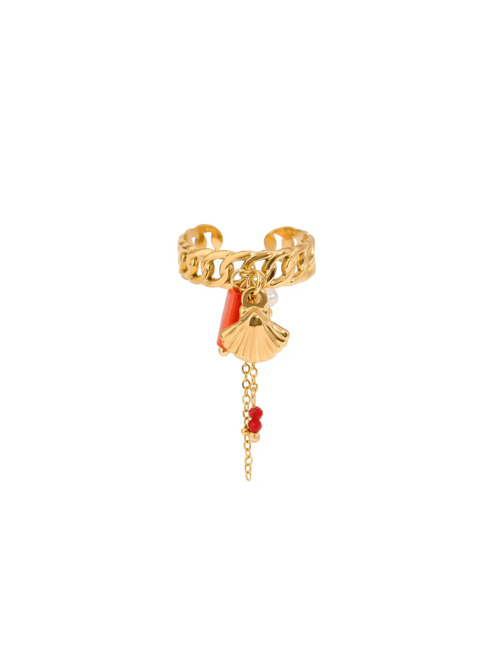 Anillo Con Cadena Dijes Coral Y Concha