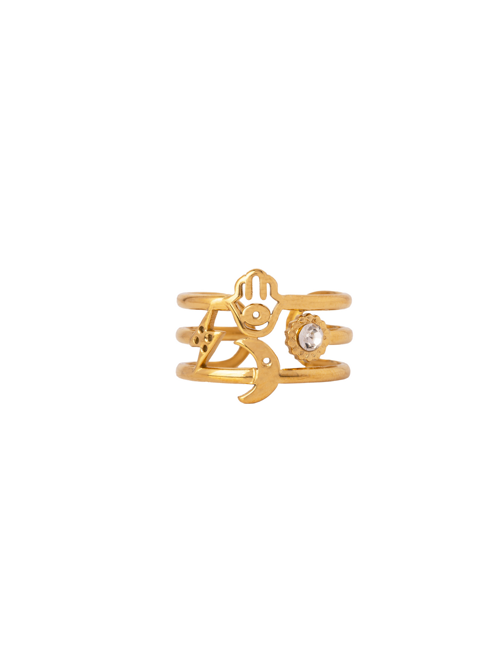 Anillo Triple Linea Con Luna, Rayo y Mano