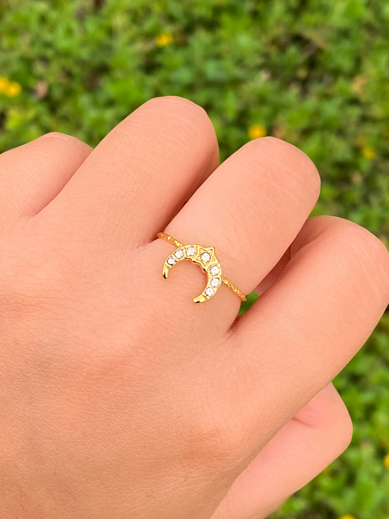 Anillo Con Textura Ajustable Luna Y Estrella Zirconias