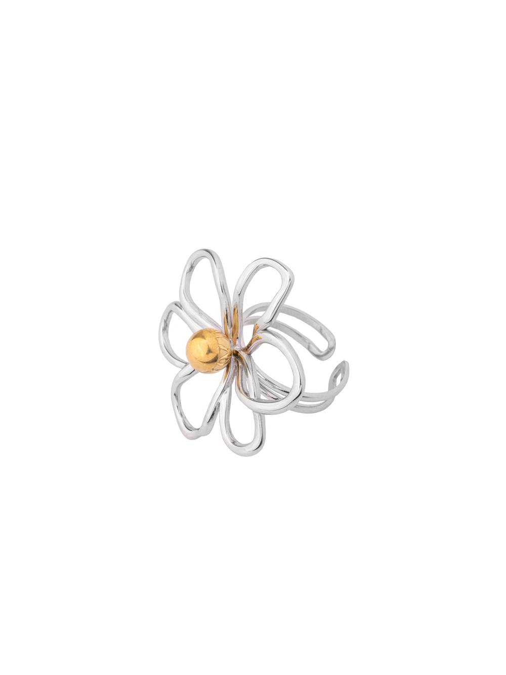 Anillo Plateado Contorno Flor Con Bolita