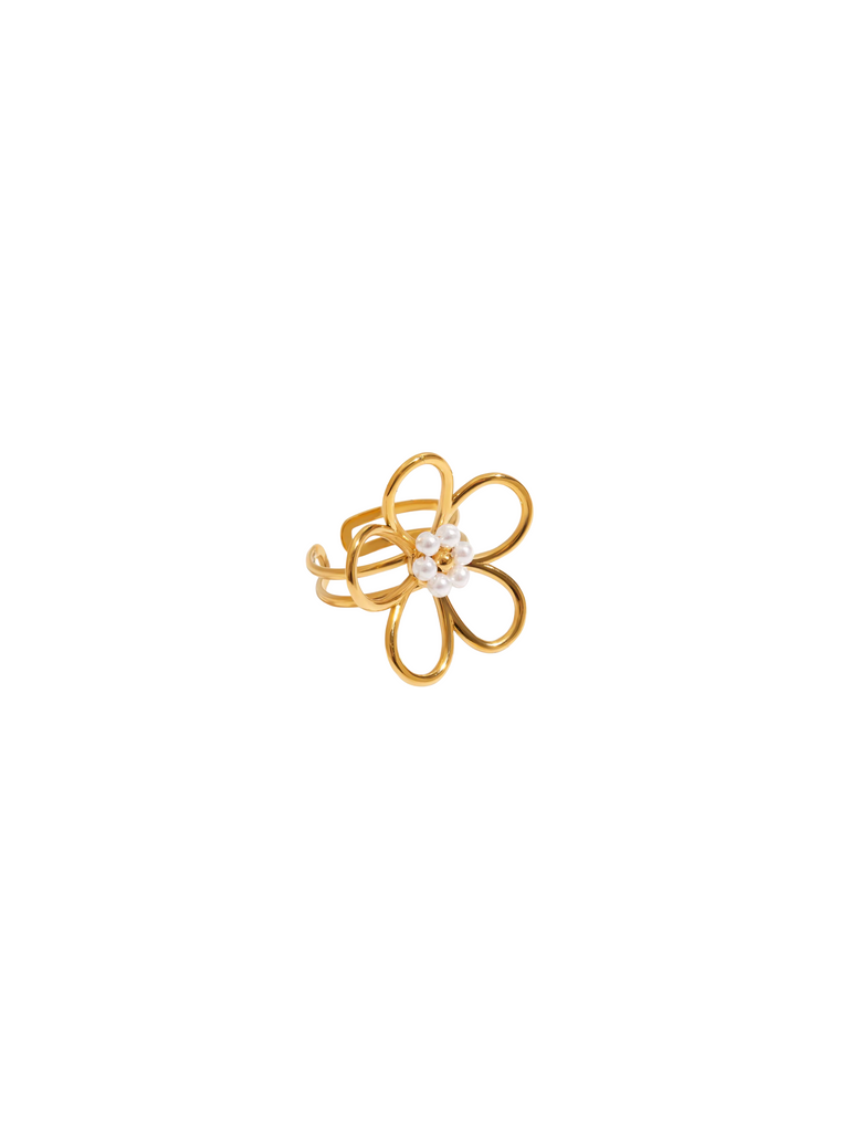 Anillo Flor Contorno Perlas