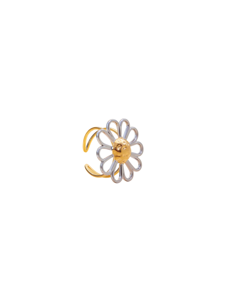 Anillo Contorno Flor Plateada Con Dorado