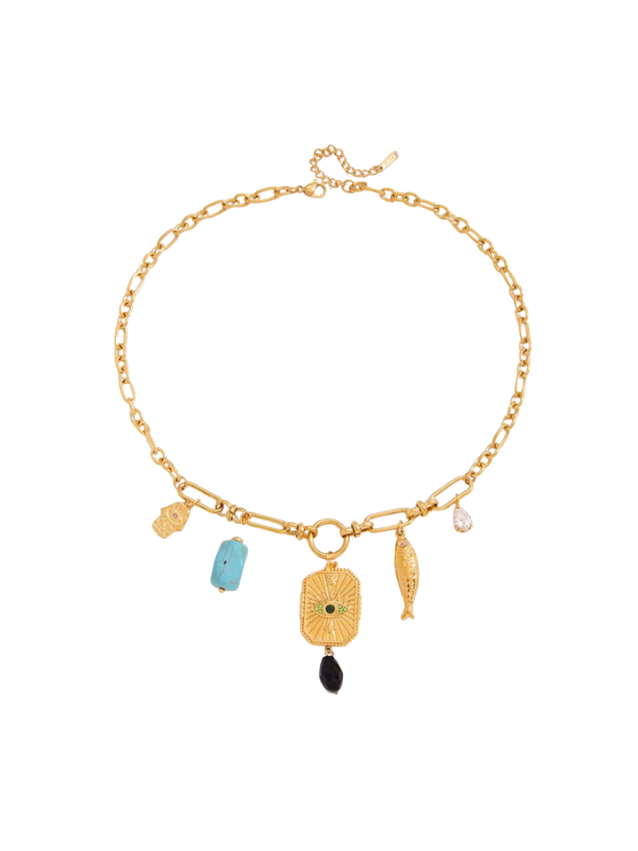 Collar Eslabones Dije Ojos, Mano, Pez y Piedra Turquesa