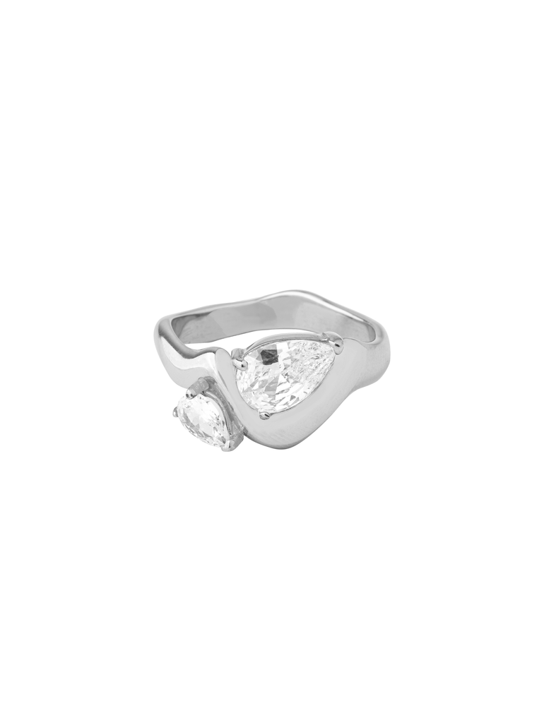 Anillo Plateado Ondulado Doble Gota Zirconia