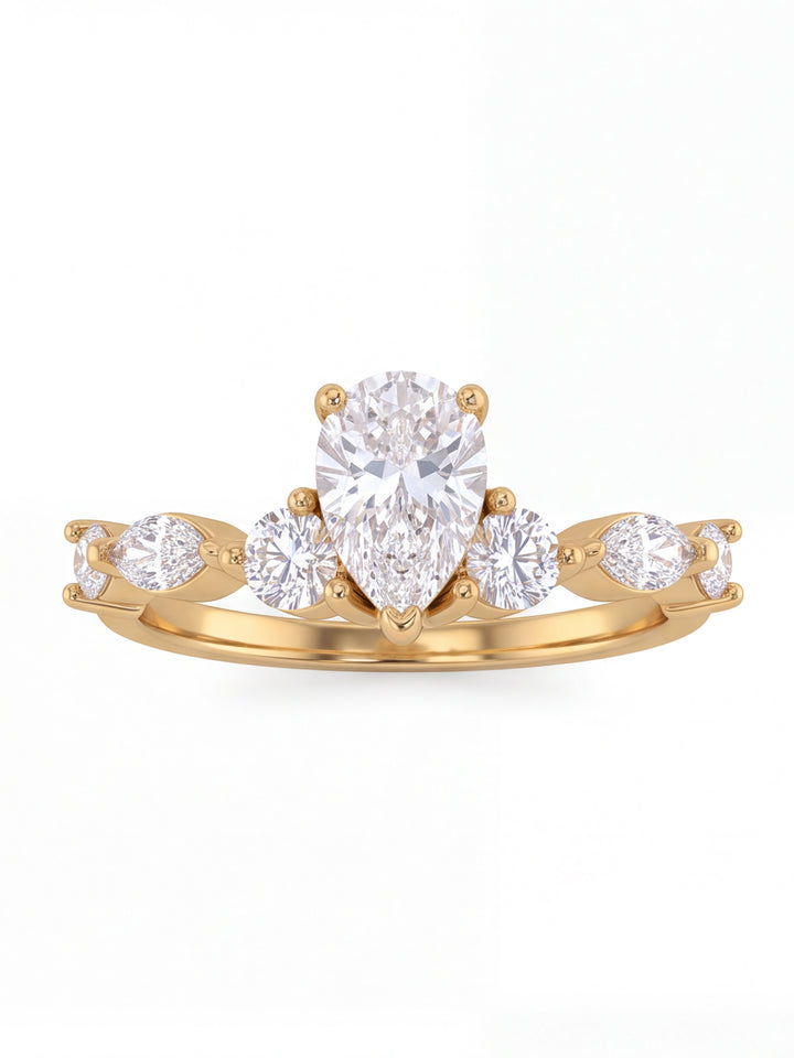 Anillo Zirconia Central Gota Y Cortes Mixtos