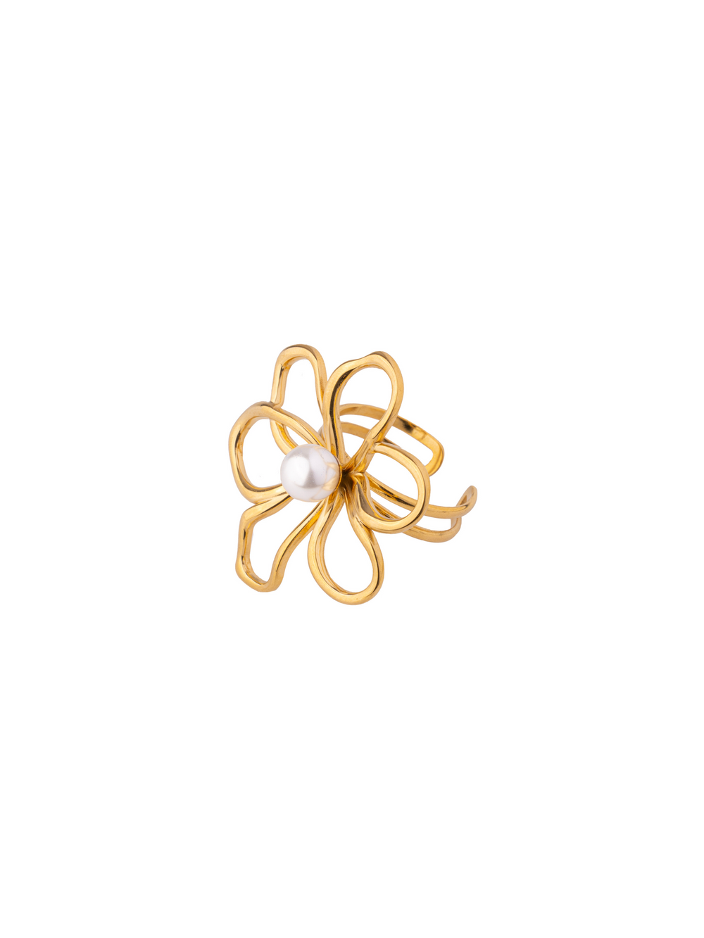 Anillo Dorado Contorno Flor Con Perla