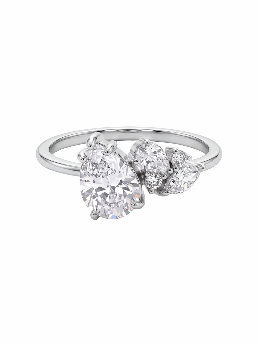 Anillo Plateado Zirconia Marquesa Y Laterales