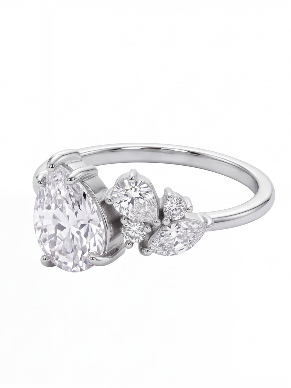 Anillo Plateado Zirconia Marquesa Y Laterales