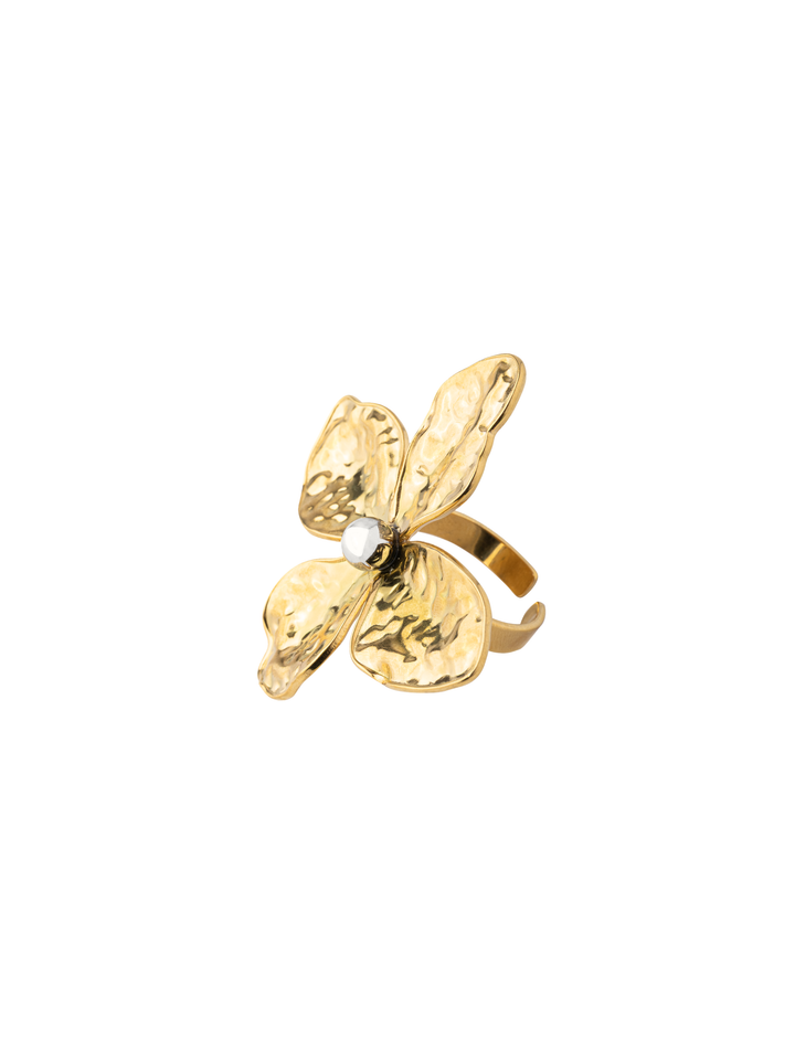 Anillo Flor Cuatro Petalos Bolita Plateada