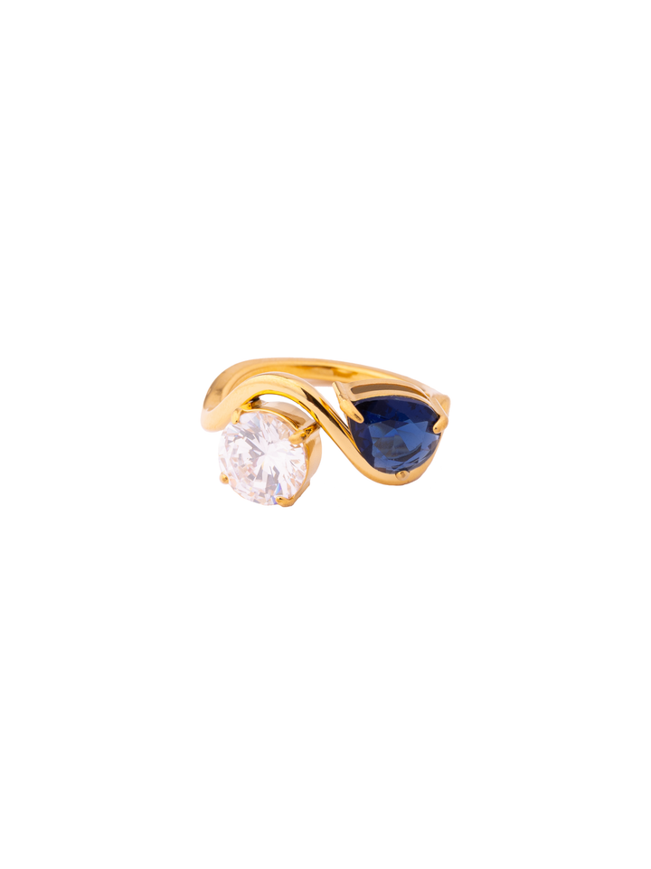 Anillo Curva Con Zirconias Gota Y Redonda