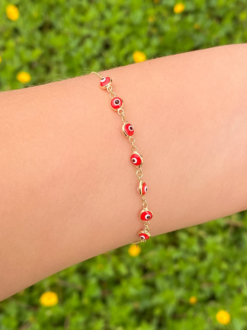 Pulsera Siete Ojos Rojos Oro 10K