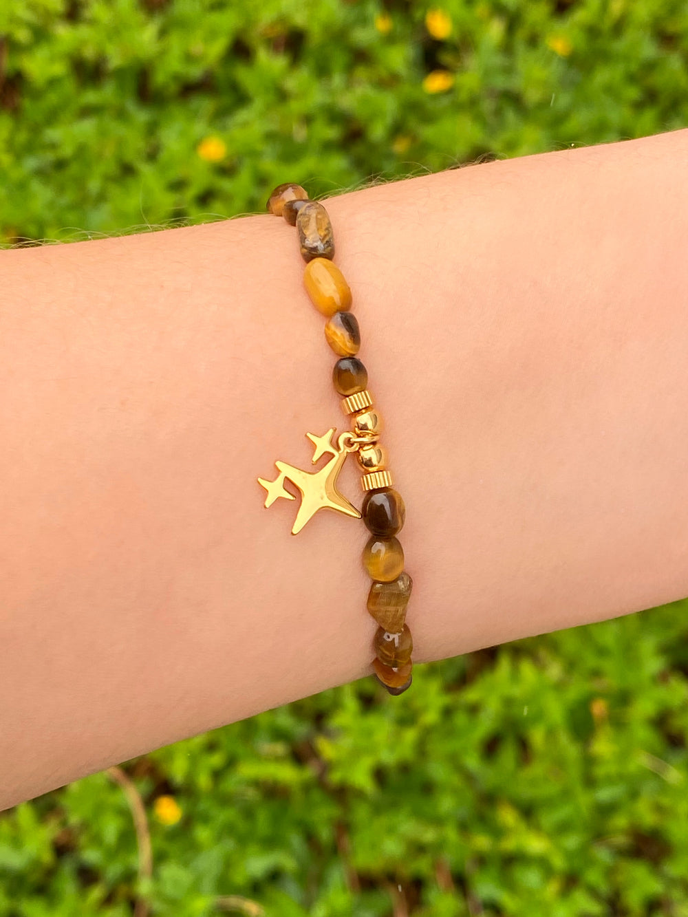 Pulsera Bolitas Piedra Cafe Con Dije Destello